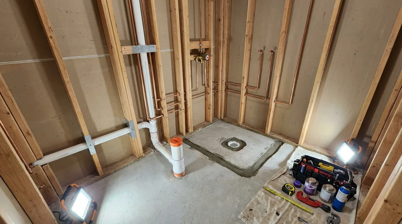 Bathroom rough-in plumbing during remodel by Johns Plumbing LLC in Lompoc