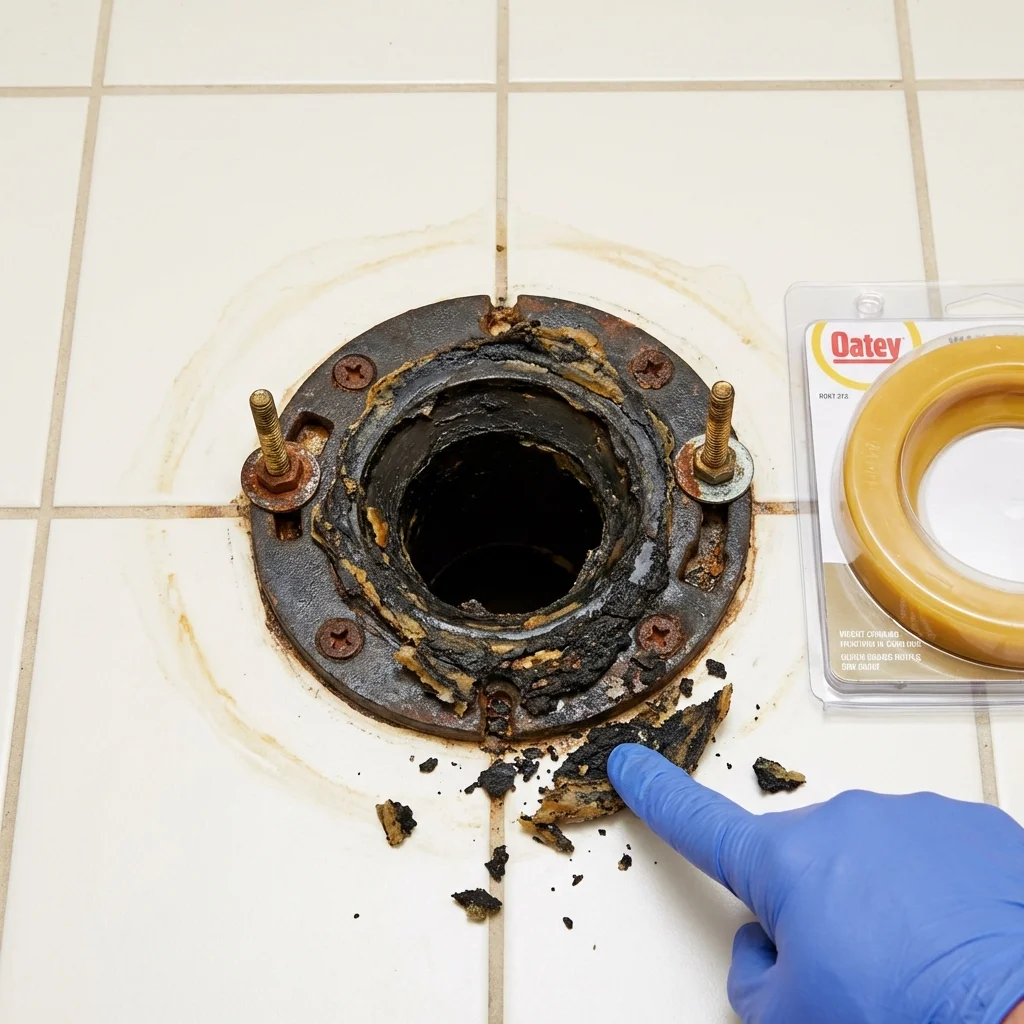 Failed wax ring showing water seepage at the base of a toilet in a Lompoc, CA home