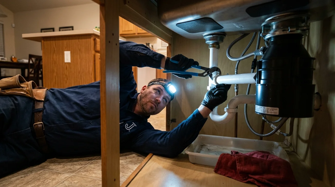 P-trap and supply line connections under a kitchen sink showing a common leak point in Lompoc, CA